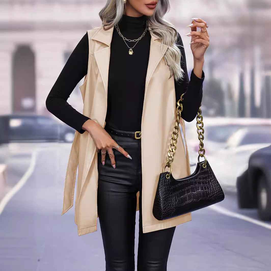 Women's Fitted Sleeveless Faux Leather Bodywarmer with Tie Belt Apricot