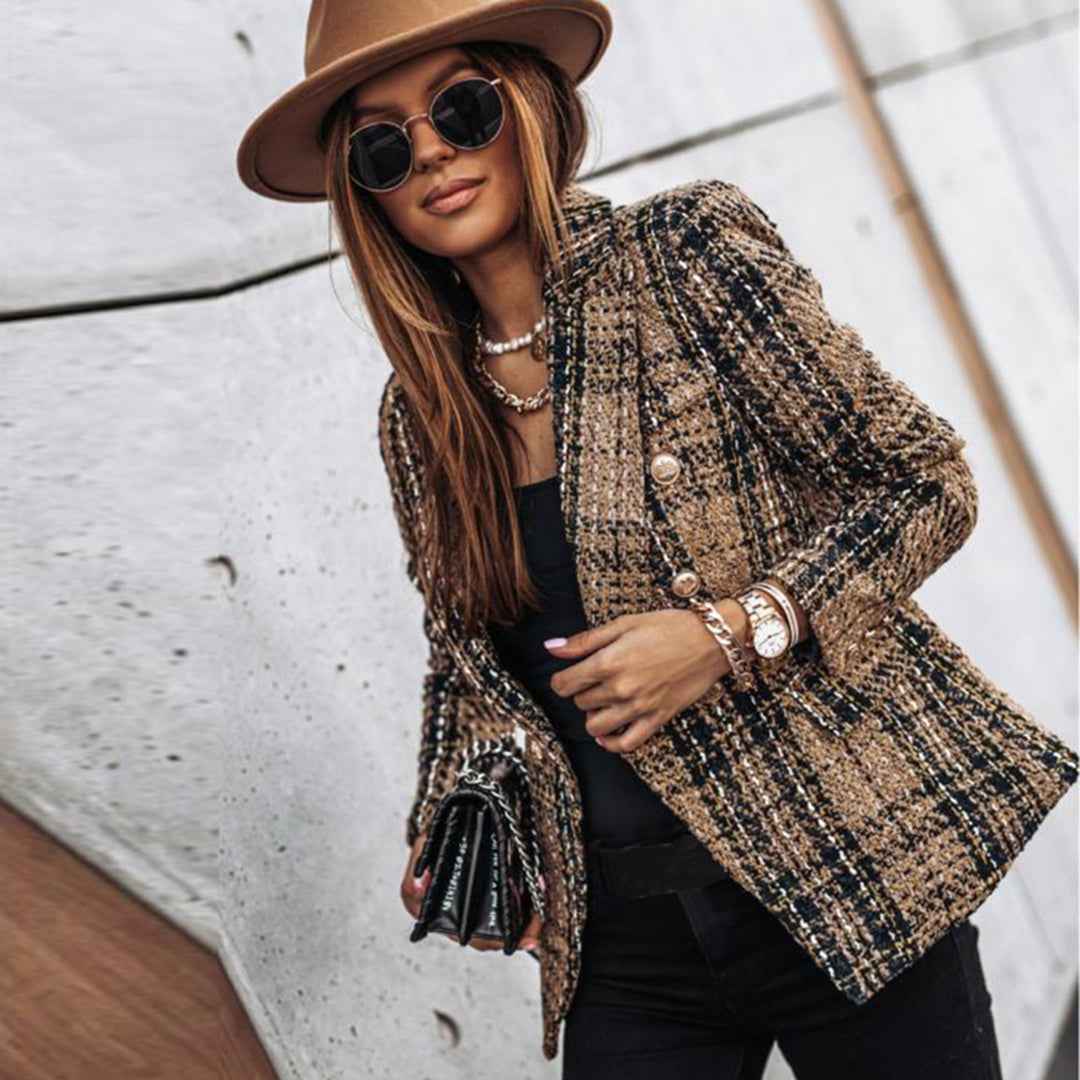 Women's Fitted Tweed Blazer - Check Pattern - Elegant Single Closure Brown