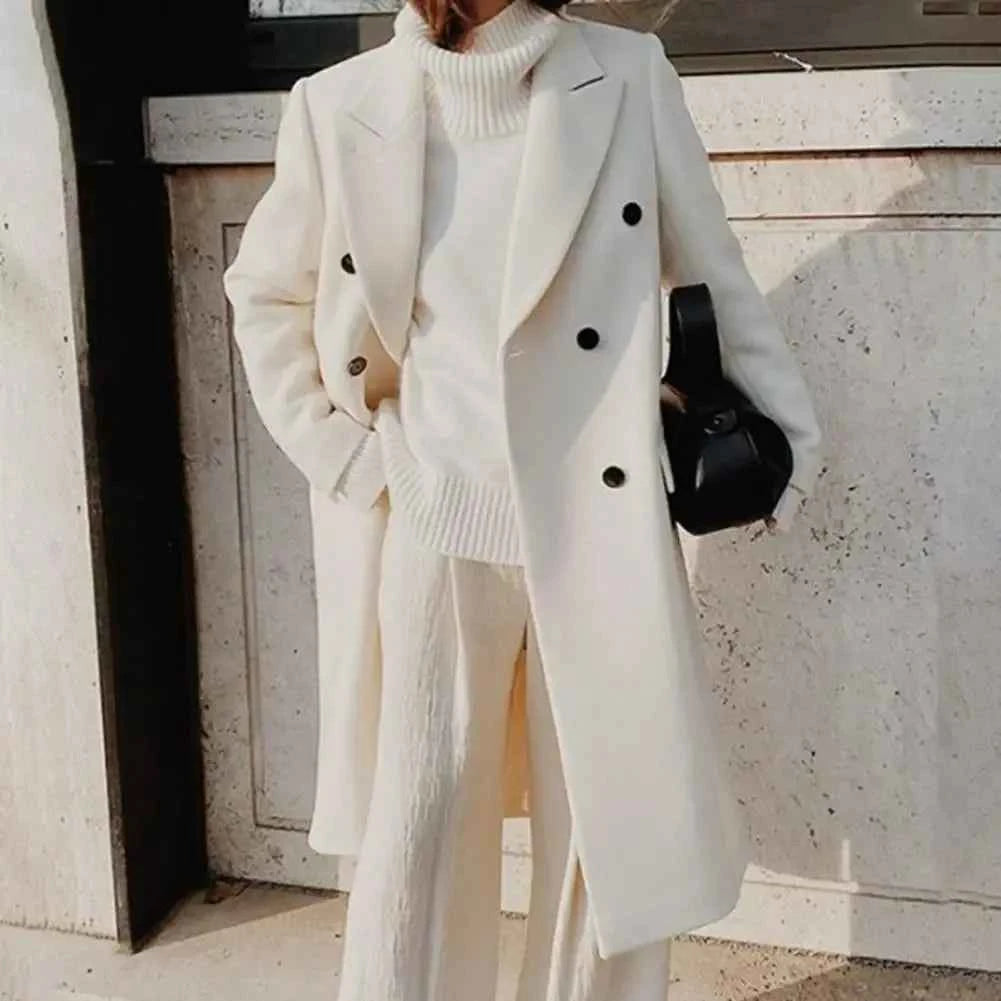 Women's Fitted Wool Look Trenchcoat with Double Row Buttons – Long Style White