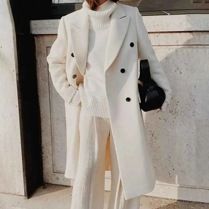 Women's Fitted Wool Look Trenchcoat with Double Row Buttons – Long Style White