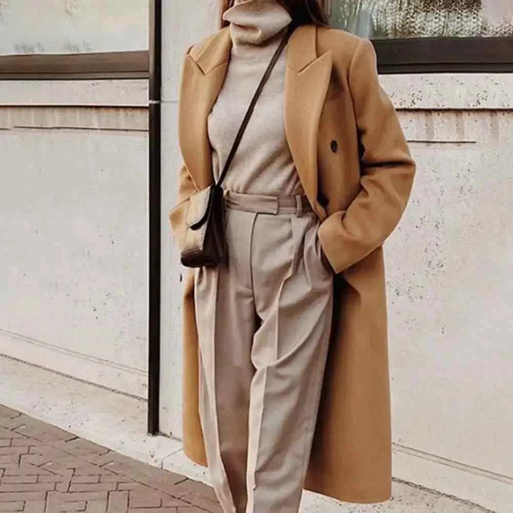 Women's Fitted Wool Look Trenchcoat with Double Row Buttons – Long Style Khaki