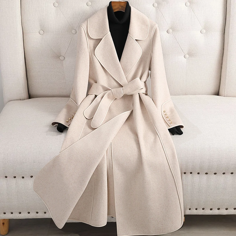 Women's Fitted Woolblend Trenchcoat - Double-Breasted with Belt Alpine White