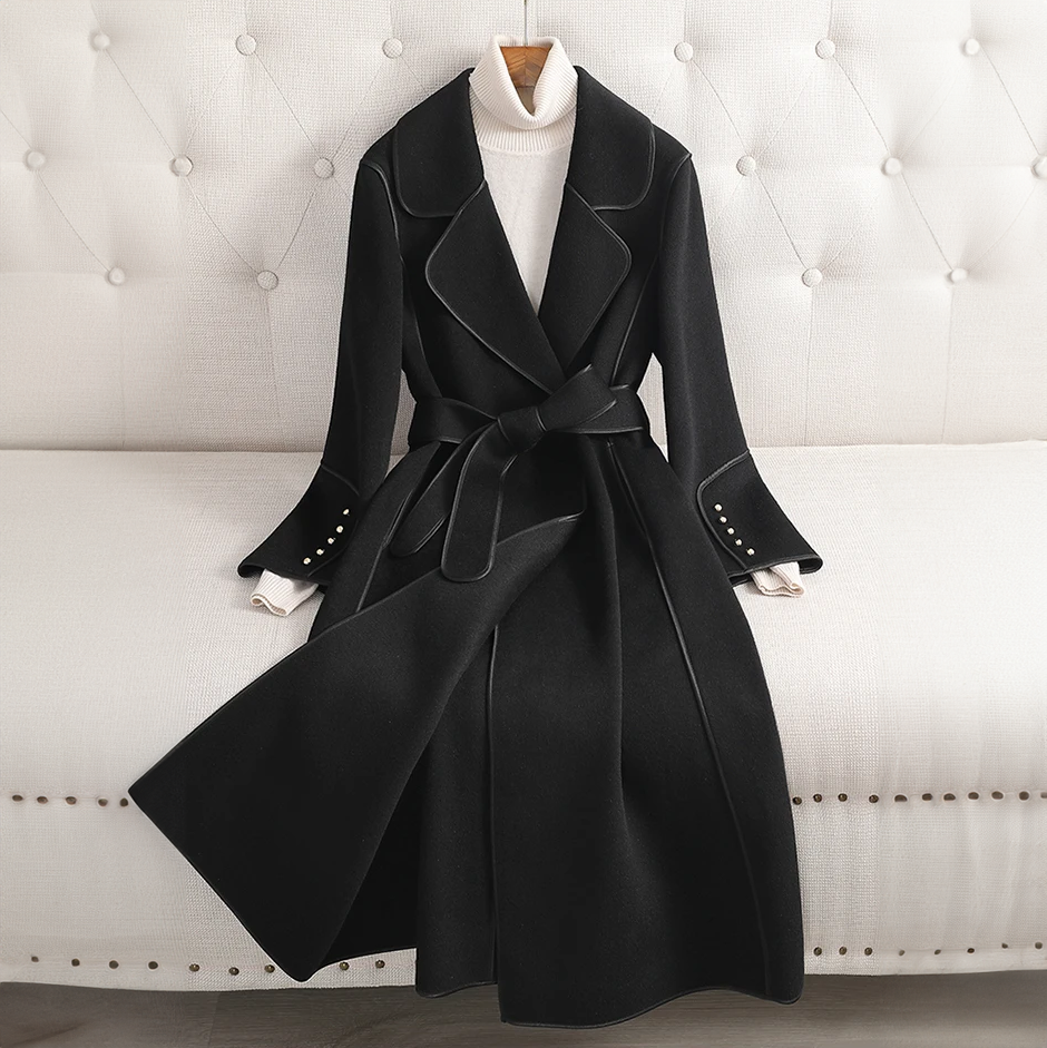 Women's Fitted Woolblend Trenchcoat - Double-Breasted with Belt Pearl Black