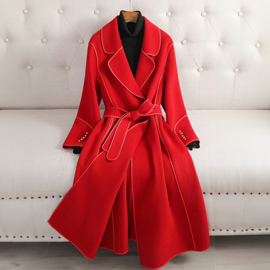 Women's Fitted Woolblend Trenchcoat - Double-Breasted with Belt Crimson