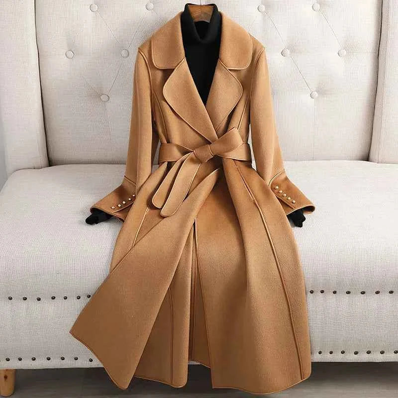 Women's Fitted Woolblend Trenchcoat - Double-Breasted with Belt Taupe