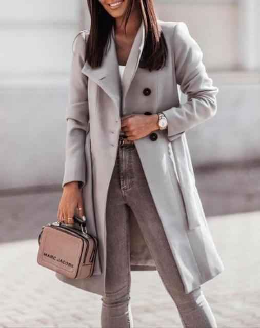 Women's Fitted Woolmix Long Coat – Double-Breasted with Belt Grey