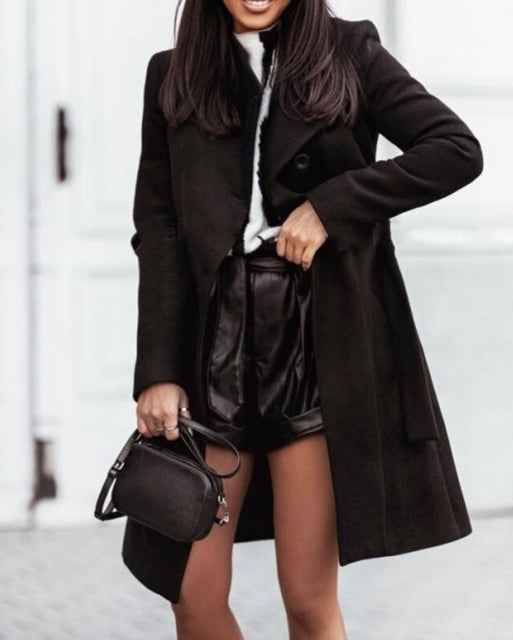 Women's Fitted Woolmix Long Coat – Double-Breasted with Belt Black