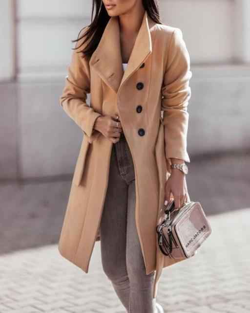Women's Fitted Woolmix Long Coat – Double-Breasted with Belt Beige