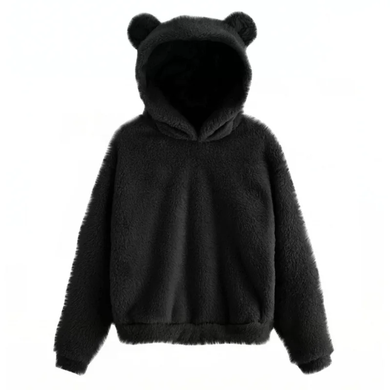 Women's Fleece Hoodie – Relaxed Fit – Long Sleeves with Fun Ear Accents Black