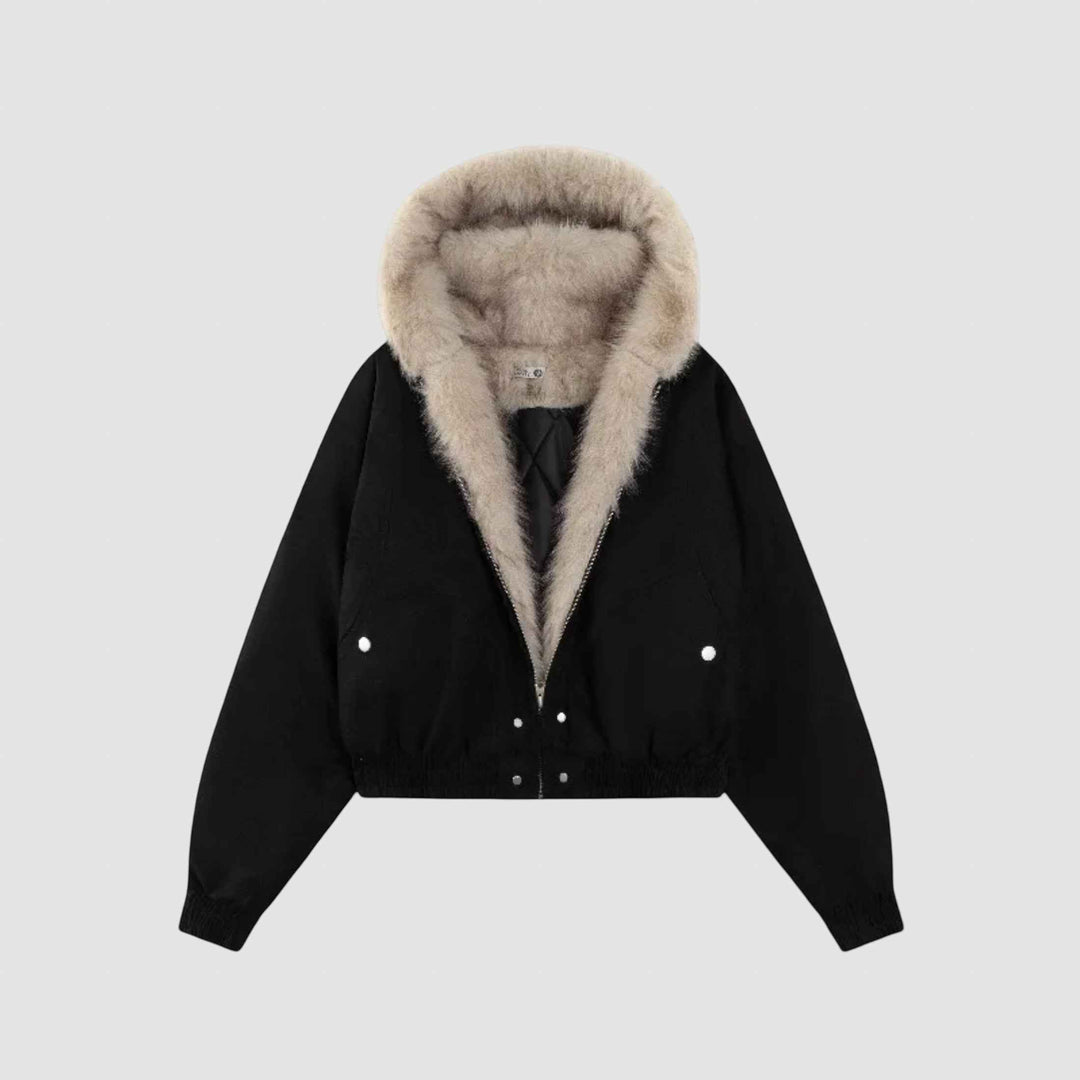 Women's Fleece-Lined Hooded Winter Jacket - Short Coat Black