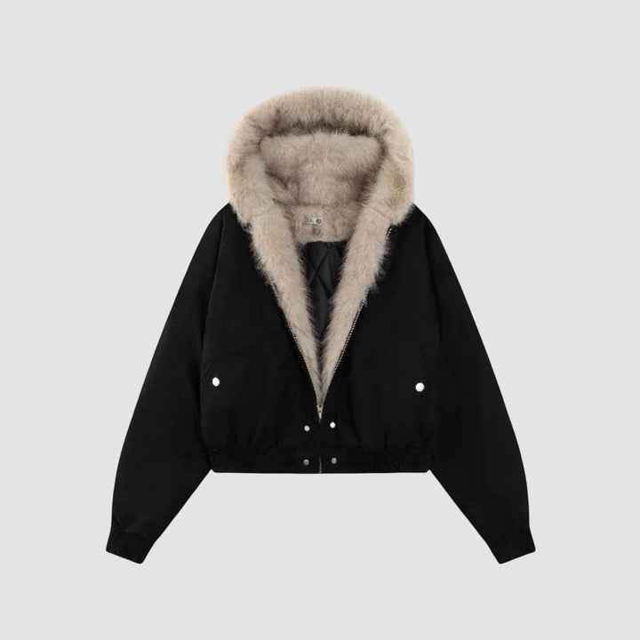 Women's Fleece-Lined Hooded Winter Jacket - Short Coat Black