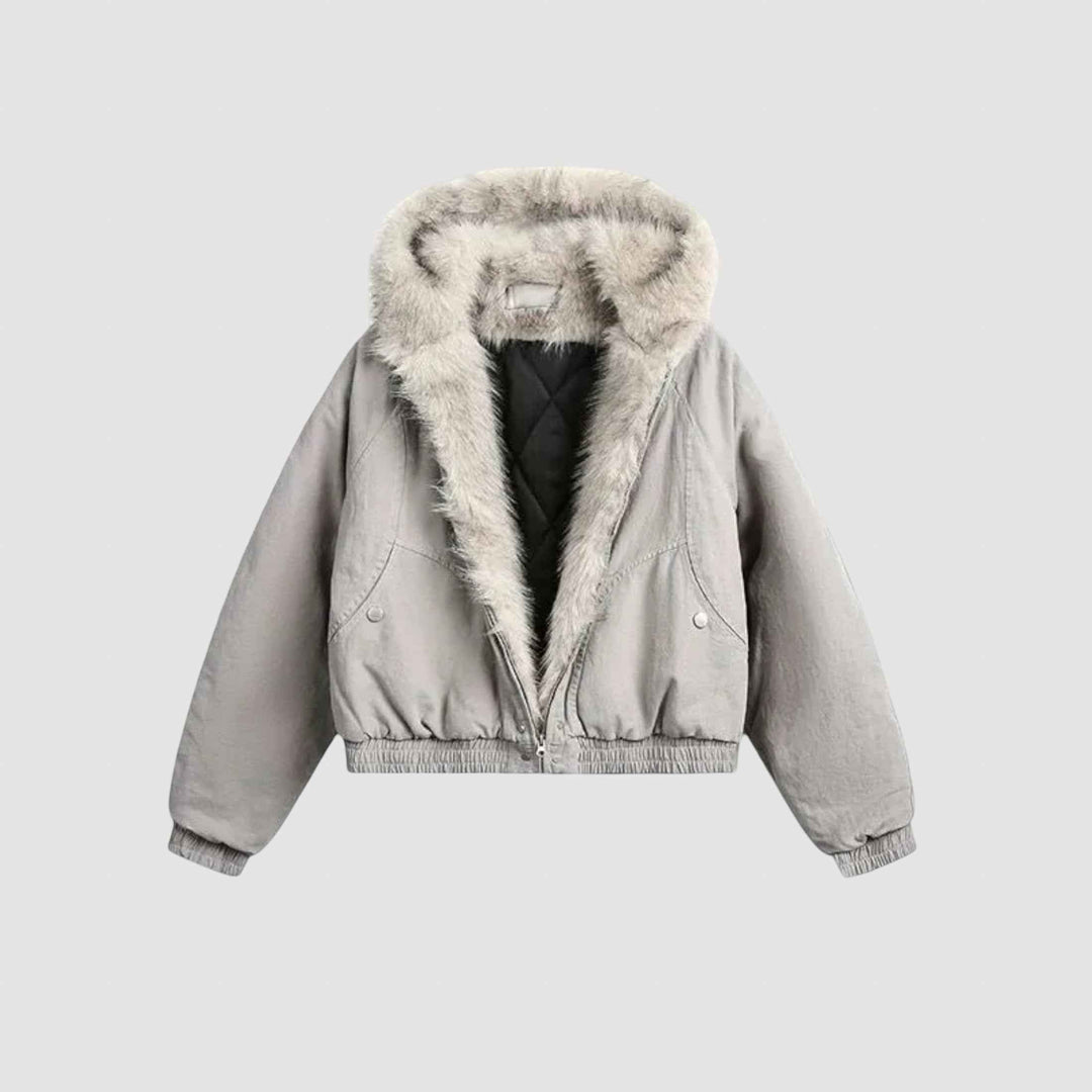 Women's Fleece-Lined Hooded Winter Jacket - Short Coat Grey