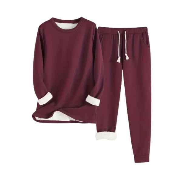 Women's Fleece Lined Lounge Set – Soft Round Neck Sweater & Drawstring Jogging Pants Bordeaux