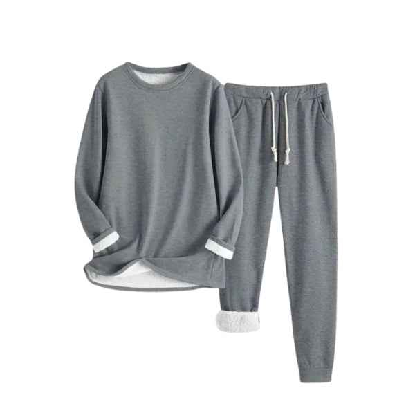 Women's Fleece Lined Lounge Set – Soft Round Neck Sweater & Drawstring Jogging Pants Dark Grey