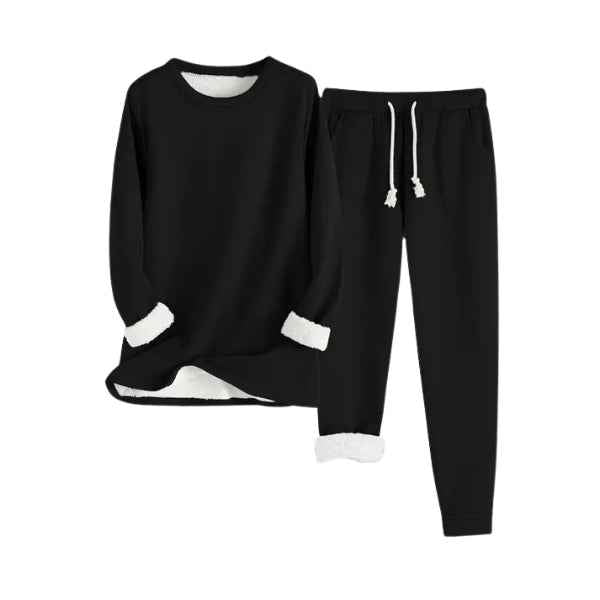 Women's Fleece Lined Lounge Set – Soft Round Neck Sweater & Drawstring Jogging Pants Black