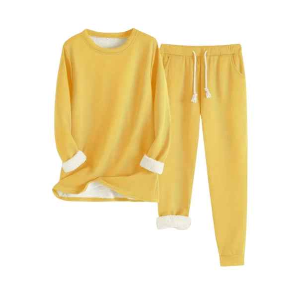 Women's Fleece Lined Lounge Set – Soft Round Neck Sweater & Drawstring Jogging Pants Yellow