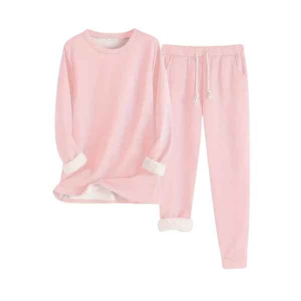 Women's Fleece Lined Lounge Set – Soft Round Neck Sweater & Drawstring Jogging Pants Pink