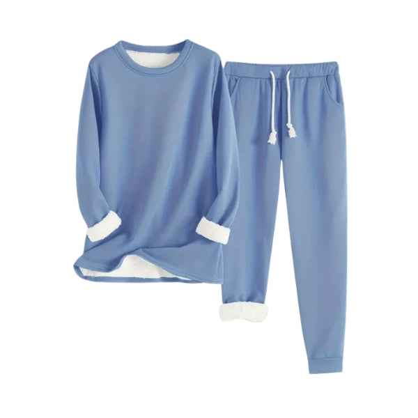 Women's Fleece Lined Lounge Set – Soft Round Neck Sweater & Drawstring Jogging Pants Blue