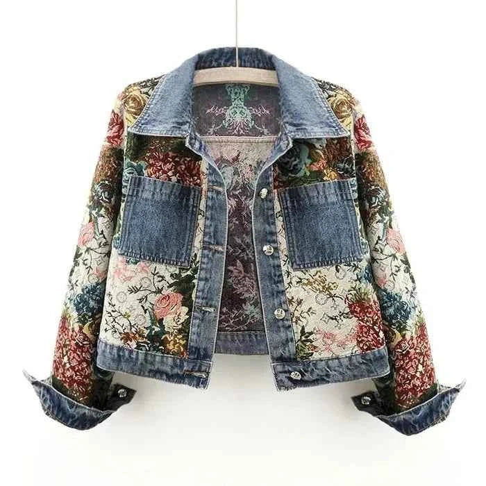 Women's Floral Denim Jacket Dark Blue