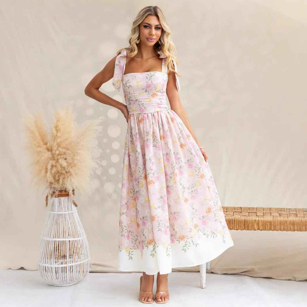 Women's Floral Midi Dress – Fit and Flare Design – Spaghetti Straps with Bow – Lightweight Fabric Pink