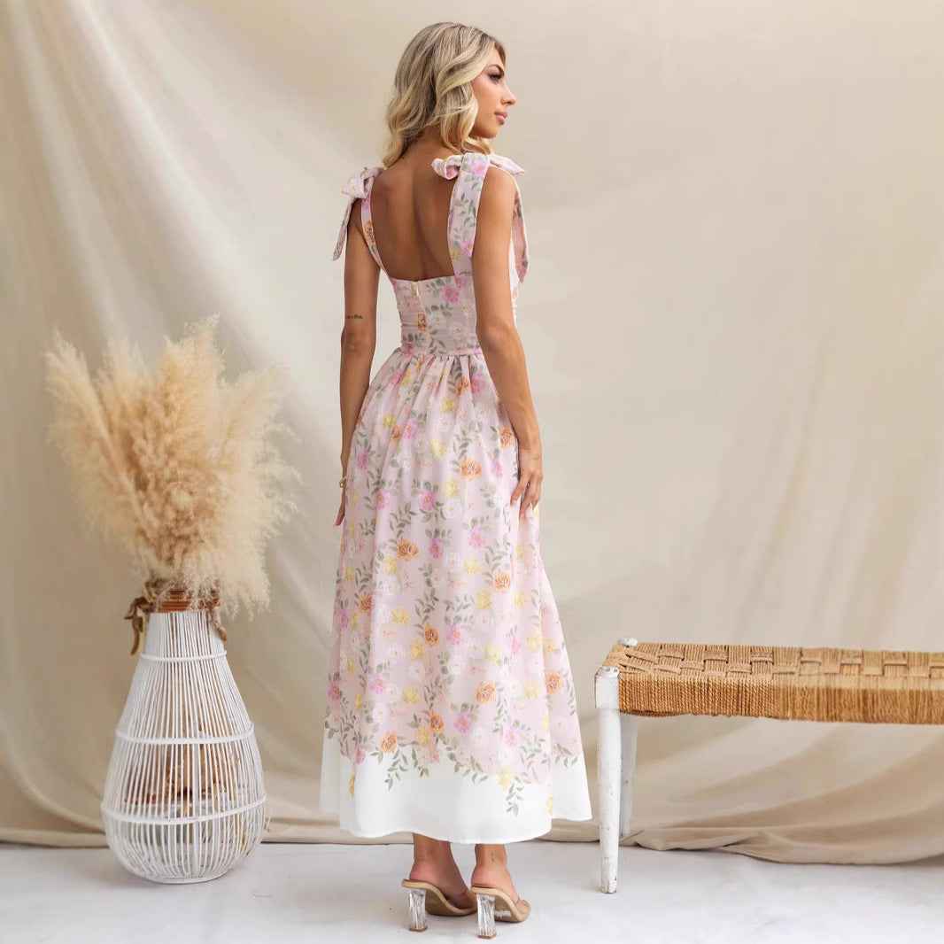 Women's Floral Midi Dress – Fit and Flare Design – Spaghetti Straps with Bow – Lightweight Fabric