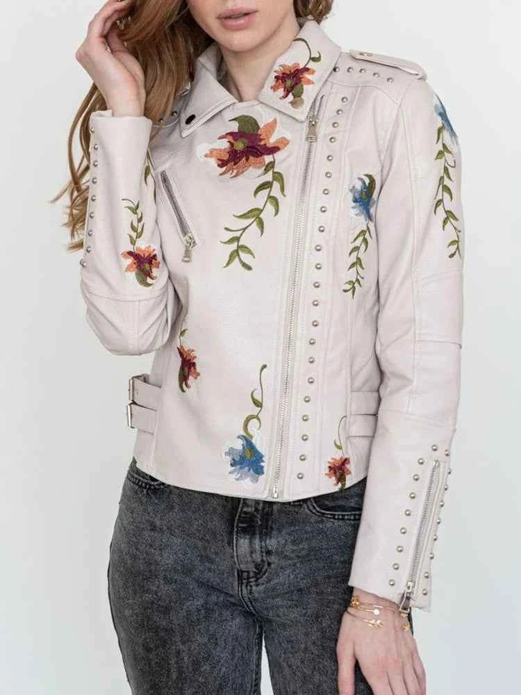 Women's Floral Moto Jacket Beige