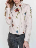 Women's Faux Leather Moto Biker Side Pocket Cuffs Solid Beige Jacket Beige