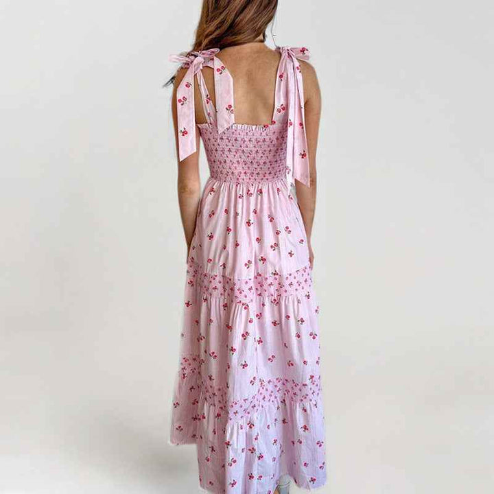 Women's Floral Print Maxi Dress – Smocked Bust & Tiered Layers – Summer Style with Tie Straps
