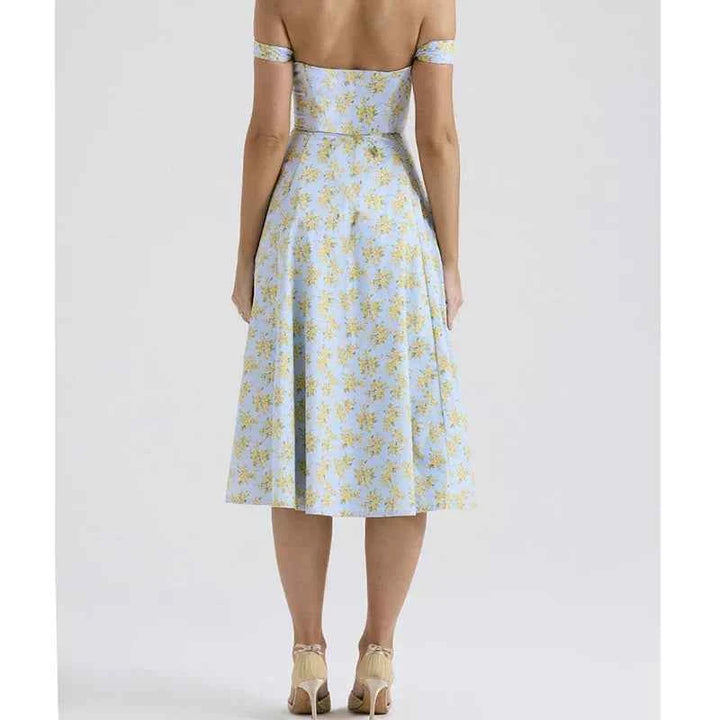 Women's Floral Print Midi Dress – Corset Style – Breathable Fabric – Split Design – Wide Straps