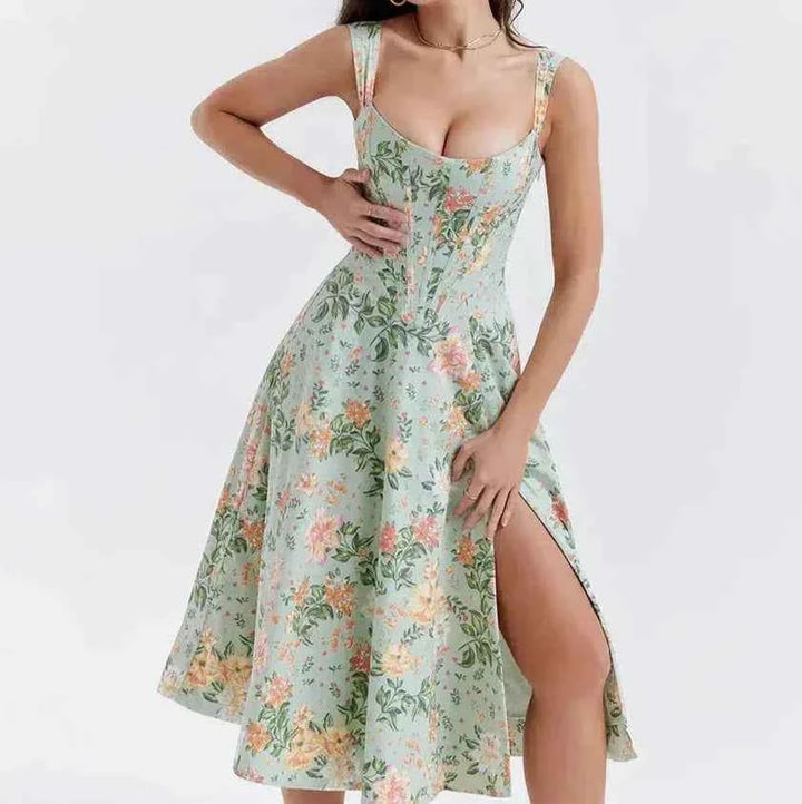 Women's Floral Print Midi Dress – Corset Style – Breathable Fabric – Split Design – Wide Straps Light Green