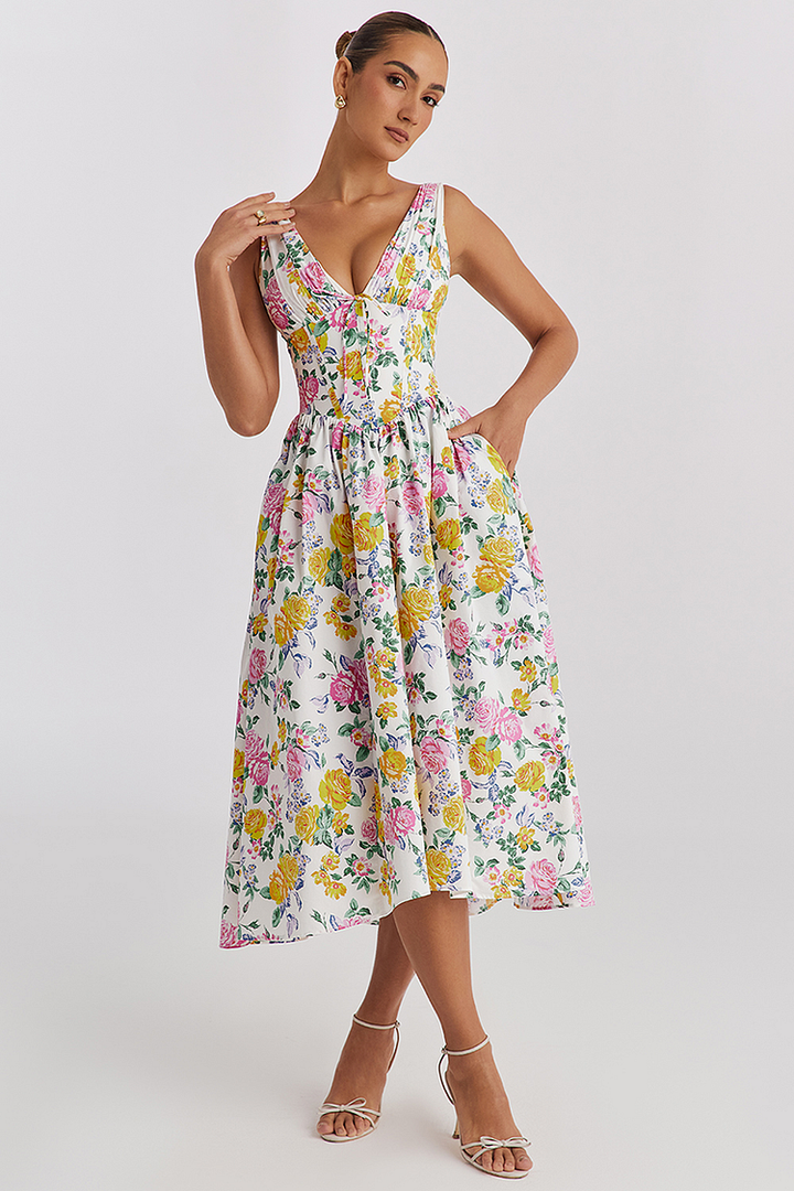 Women's Floral Print Midi Dress - Fitted, Sleeveless, V-Neck, Breathable White