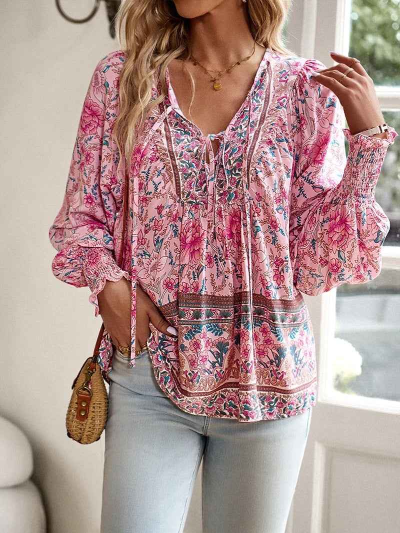 Women's Floral Print V-Neck Blouse with Puff Sleeves Pink