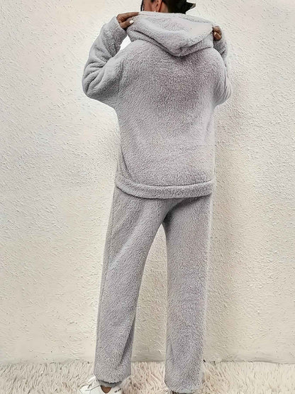 Women's Fluffy Fleece Loungewear Set Hoodie & Jogging Pants Relaxed