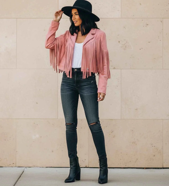 Women's Fringed Moto Jacket Pink