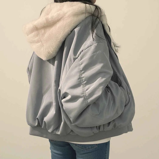 Women's Oversized Relaxed Fit Hooded Zip Up Faux Fur Bomber Jacket