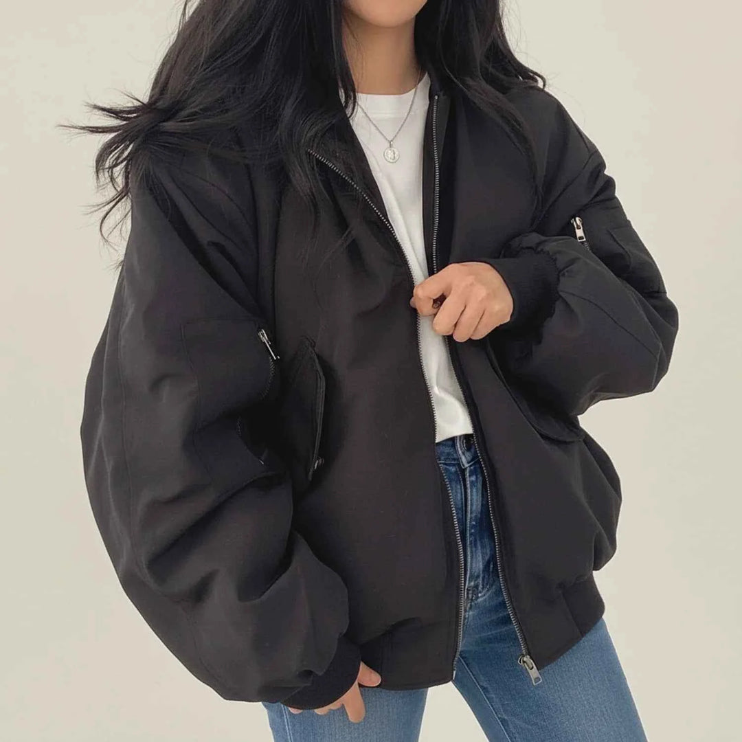 Women's Fur Hooded Bomber Jacket Black