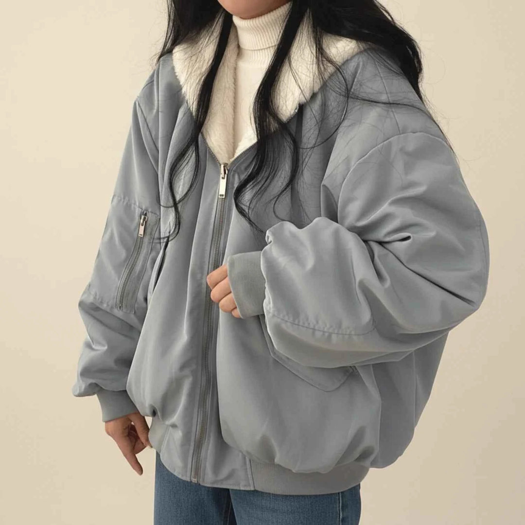 Women's Fur Hooded Bomber Jacket Gray