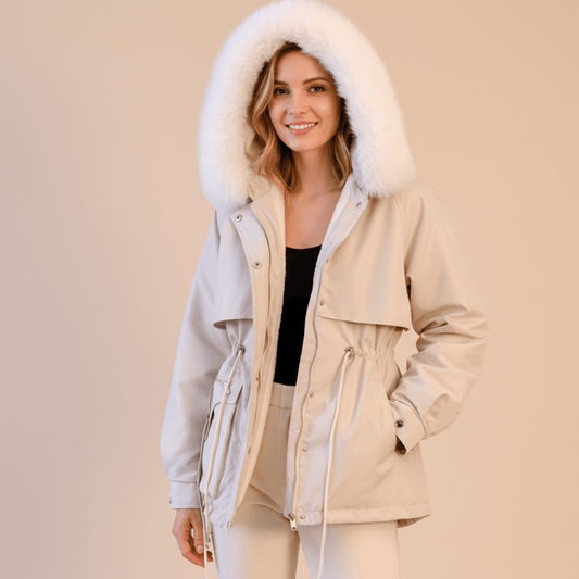 Women's Beige Fur Hooded Drawstring Waist Mid Length Parka Beige