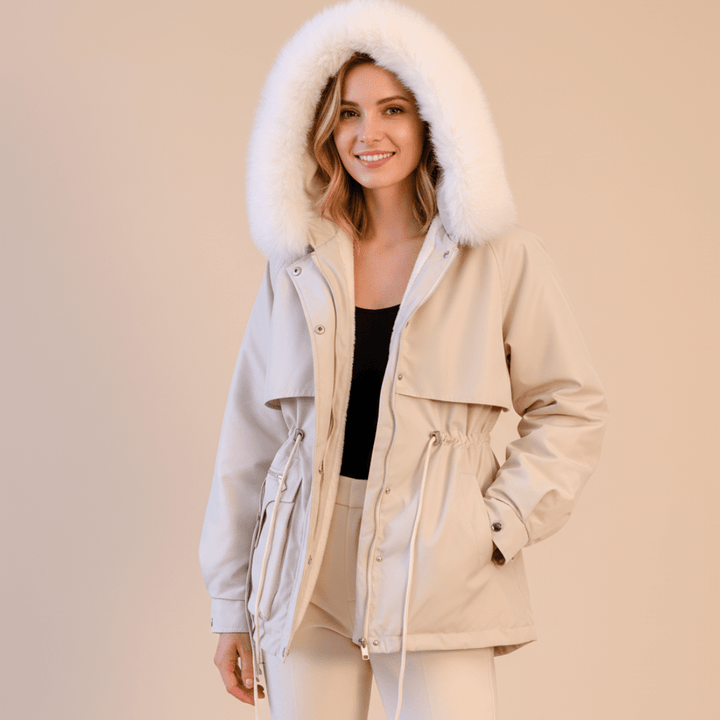 Women's Fur Hooded Parka Jacket | Warm Winter Outerwear Beige