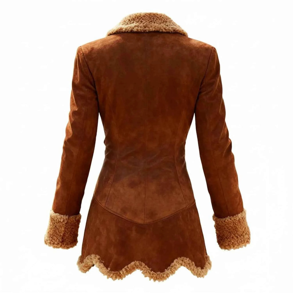 Women's Fur Trim Asymmetric Long Sleeve Brown Winter Coat