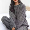 Women's Fuzzy Knit Pyjama Set – Relaxed Fit – Cable Pattern – Full Length Black