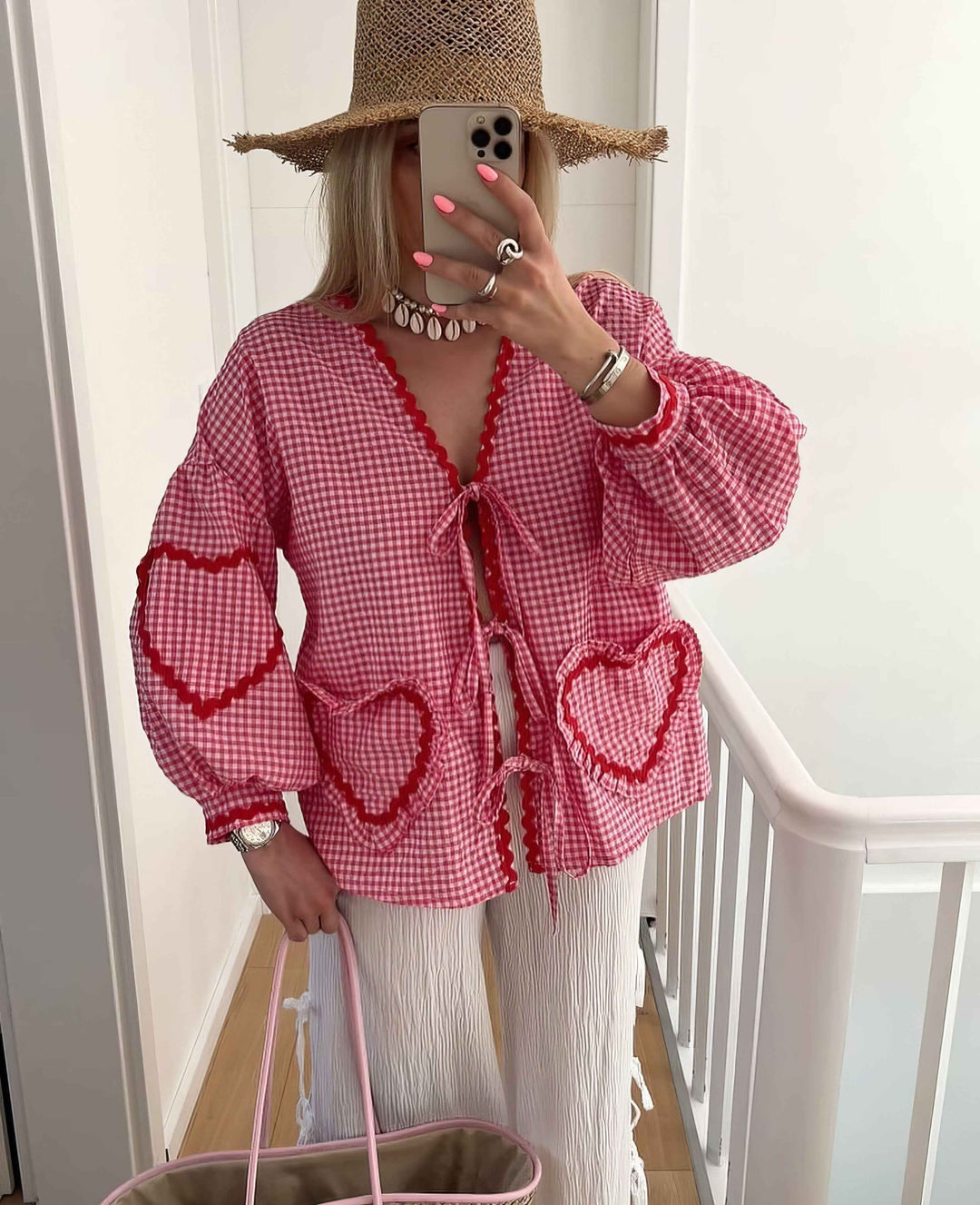 Women's Gingham Check Blouse - Loose Fit with Ruffles and Front Tie Red