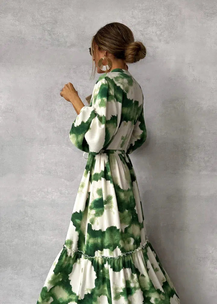 Women's Green Maxi Dress - Long Sleeves & V-Neck for a Fresh Style