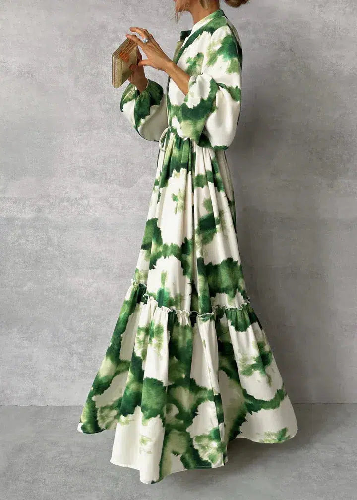 Women's Green Maxi Dress - Long Sleeves & V-Neck for a Fresh Style XL