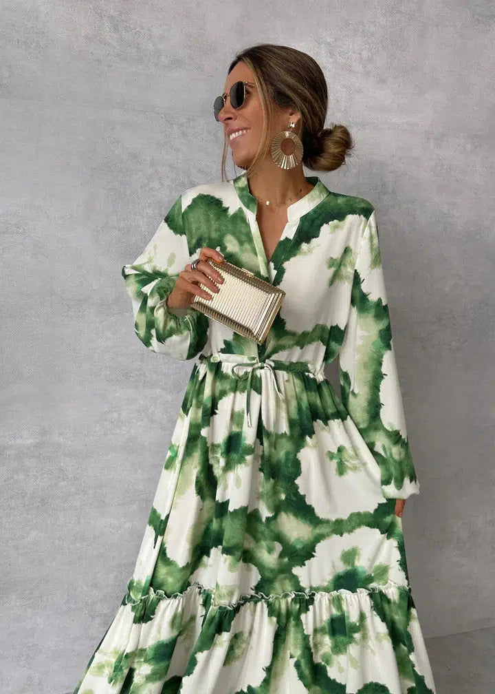 Women's Green Maxi Dress - Long Sleeves & V-Neck for a Fresh Style