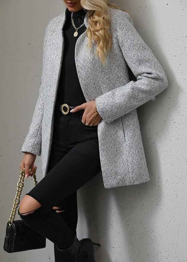 Women's Grey Herringbone Tweed Coat - Versatile Casual & Formal Outerwear