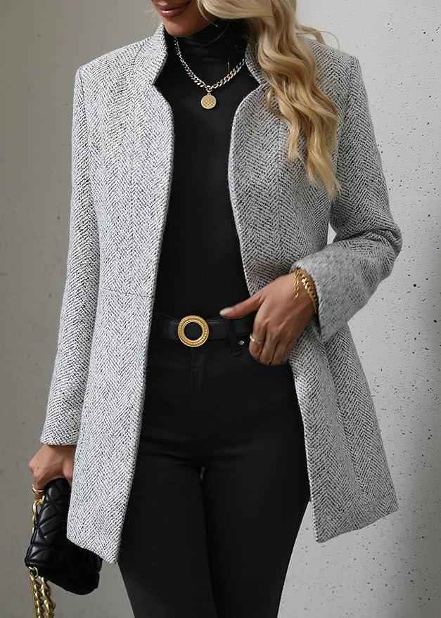 Women's Grey Herringbone Tweed Coat - Versatile Casual & Formal Outerwear
