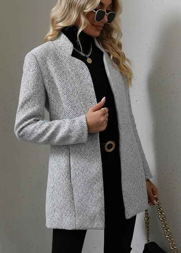 Women's Grey Herringbone Tweed Coat - Versatile Casual & Formal Outerwear