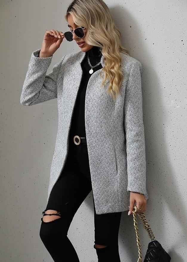 Women's Grey Herringbone Tweed Coat - Versatile Casual & Formal Outerwear XXL