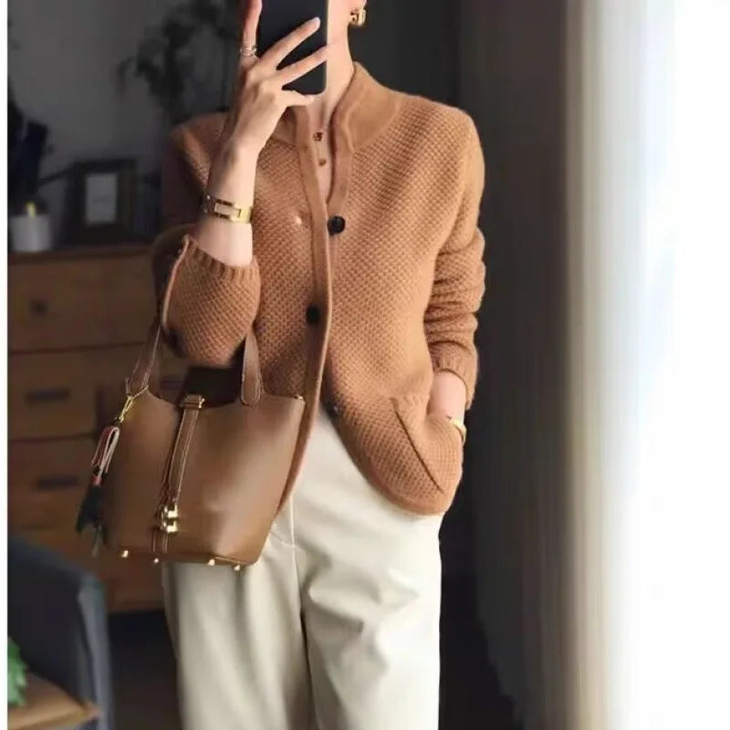 Women's Half-Neck Cardigan - Elara Style Camel